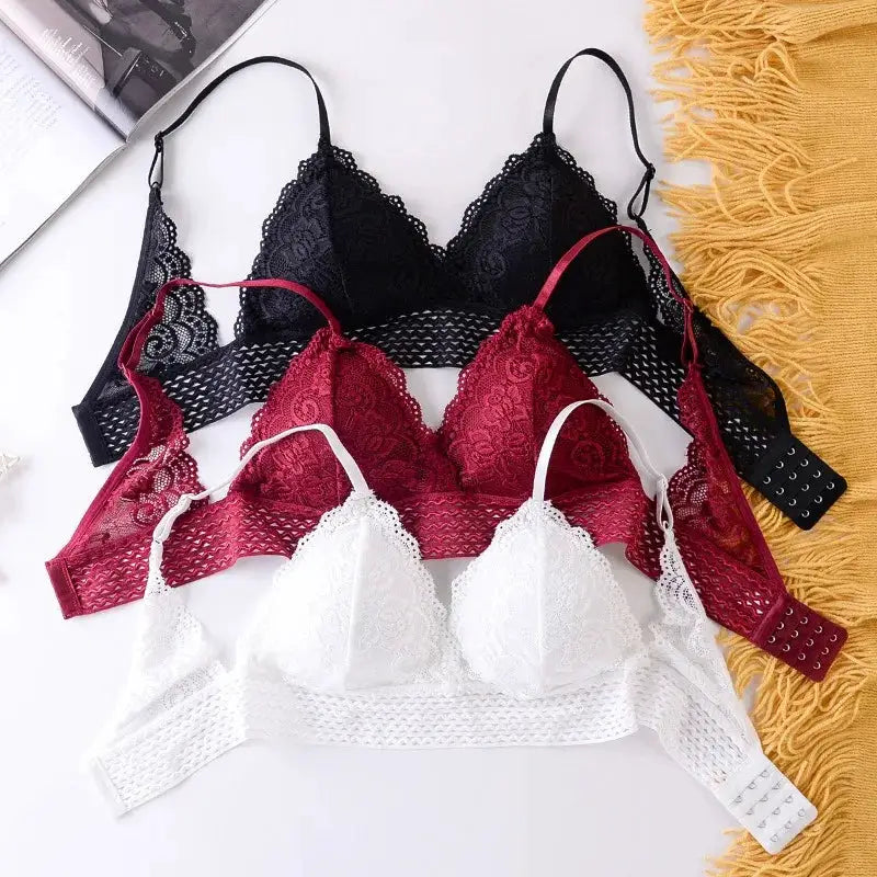Floral lace bralette set, 4-pack, non-wire padded; black, red, burgundy, white