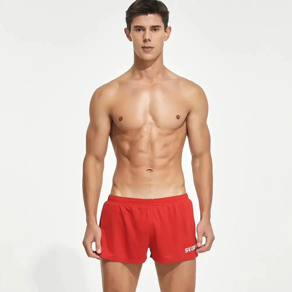 SEOBEAN men's quick-drying red gym shorts with logo on left leg