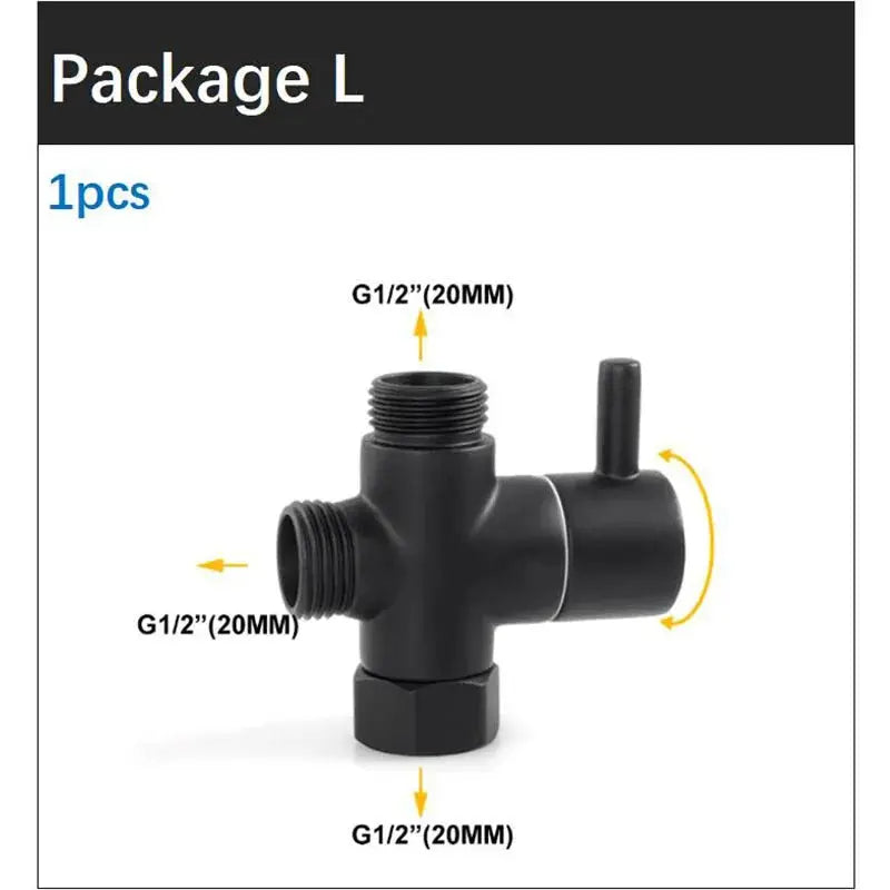 Black handheld bidet faucet valve, T-shaped with three G1/2 ports and bottom hose connection