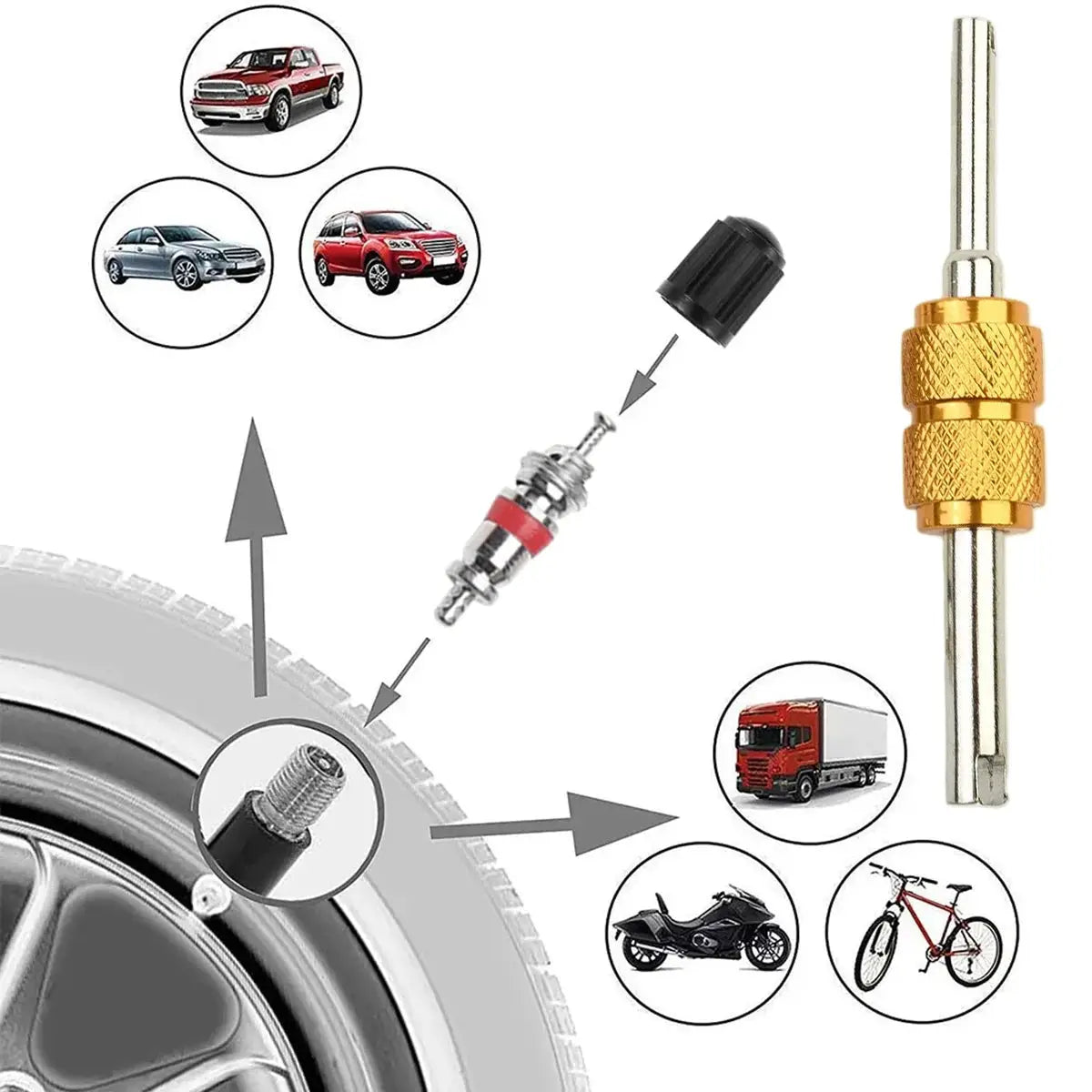 Valve core remover screwdriver; tire repair tool with black slotted handle and gold connector for cars and bikes