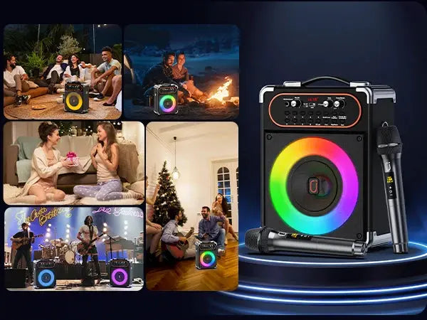 Simples Market S68 Kara Ok portable Bluetooth speaker with 2 microphones, rainbow LED ring, ideal for outdoor parties.