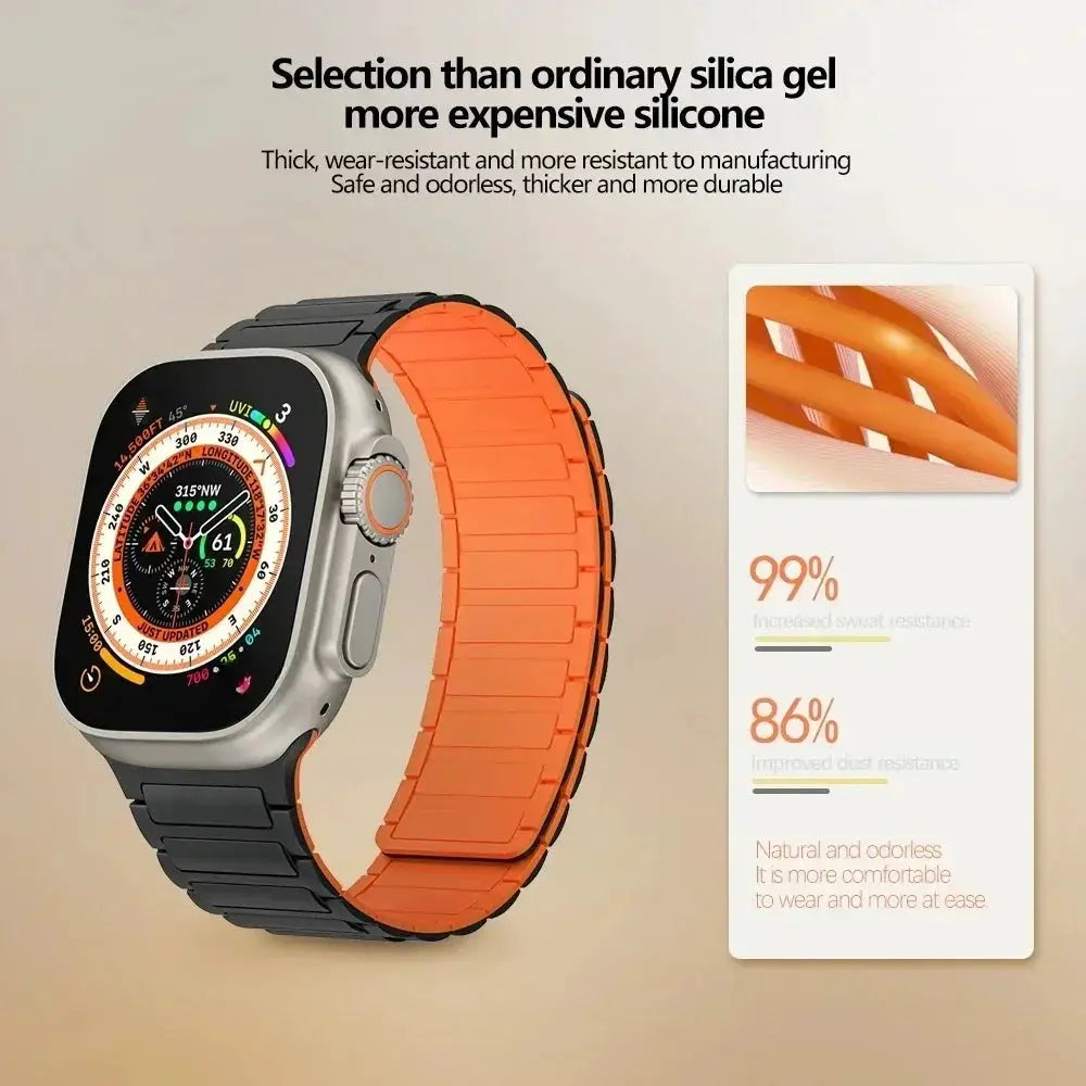 Simples Market magnetic loop silicone Apple Watch band, black and orange two-tone, fits 38-49mm watches.
