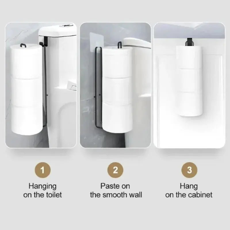 Toilet paper holder with towel bar, black iron, self-adhesive, no-drill wall mount by Simples Market.