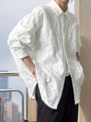 Shirt: white crumpled jacquard top with turn-down collar and bat-wing sleeves, loose 2XL