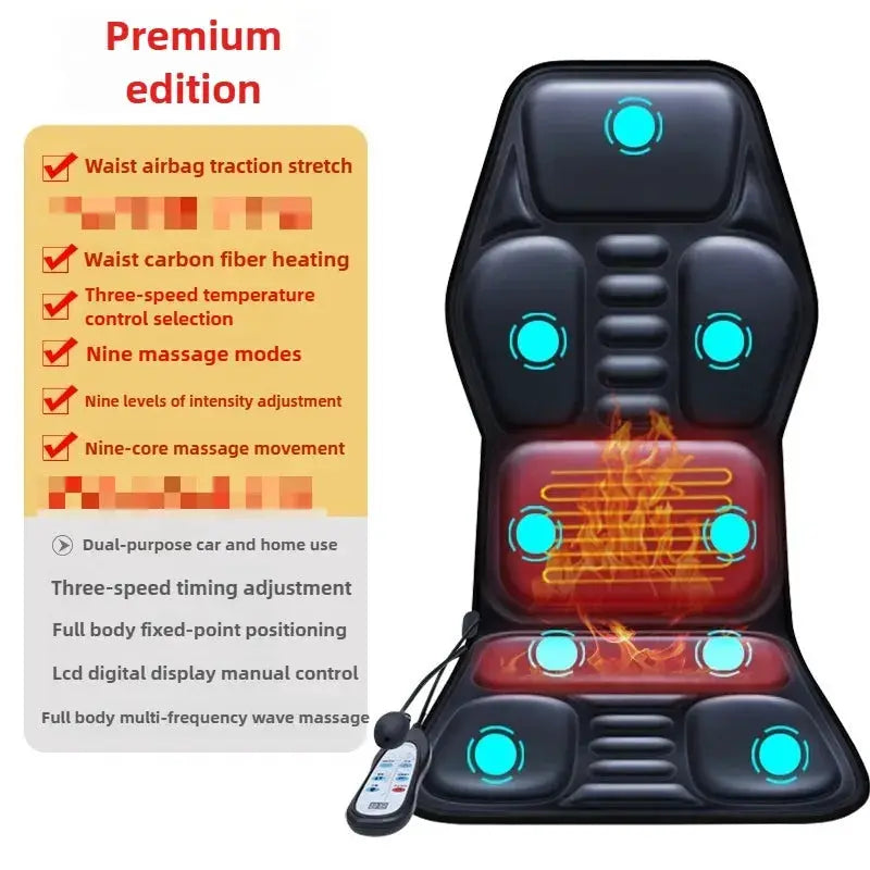 Massage seat cushion with heating and lumbar airbag, black with blue nodes and remote control