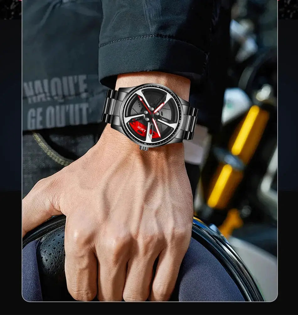 LIGE sport watch with 3d car wheel rim dial, black stainless steel strap, red hands
