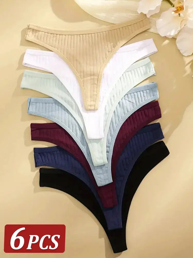 6-pack of women's ribbed cotton thong panties, low-rise G-string, assorted colors