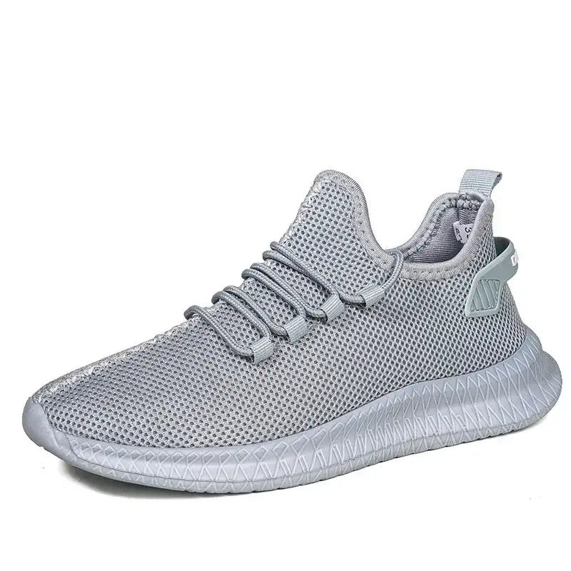Men's non-slip casual sneakers, gray knit mesh with lace-up, breathable cushioned sole