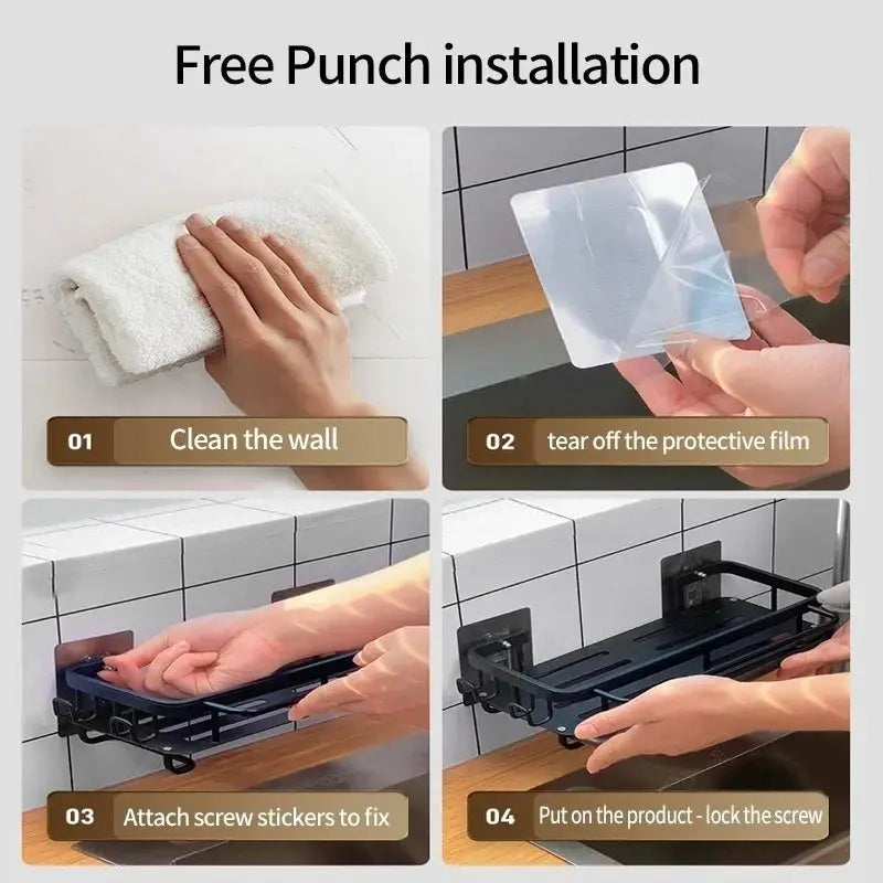 Multi-functional Kitchen Shelf and Drying Rack by Simples Market, black metal, no-drill wall mount installation steps.