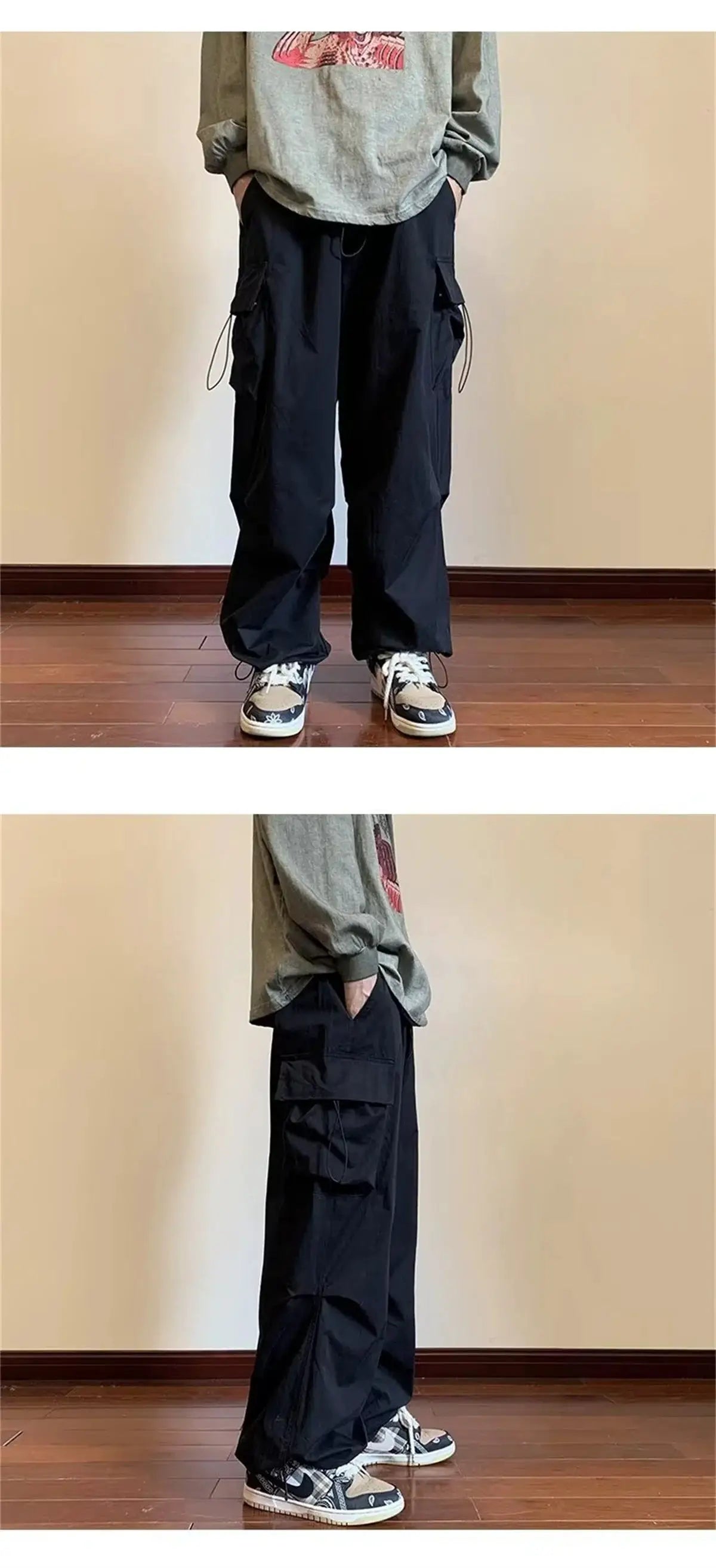 Harem cargo pants, black, elastic waist, multiple pockets, baggy streetwear style.
