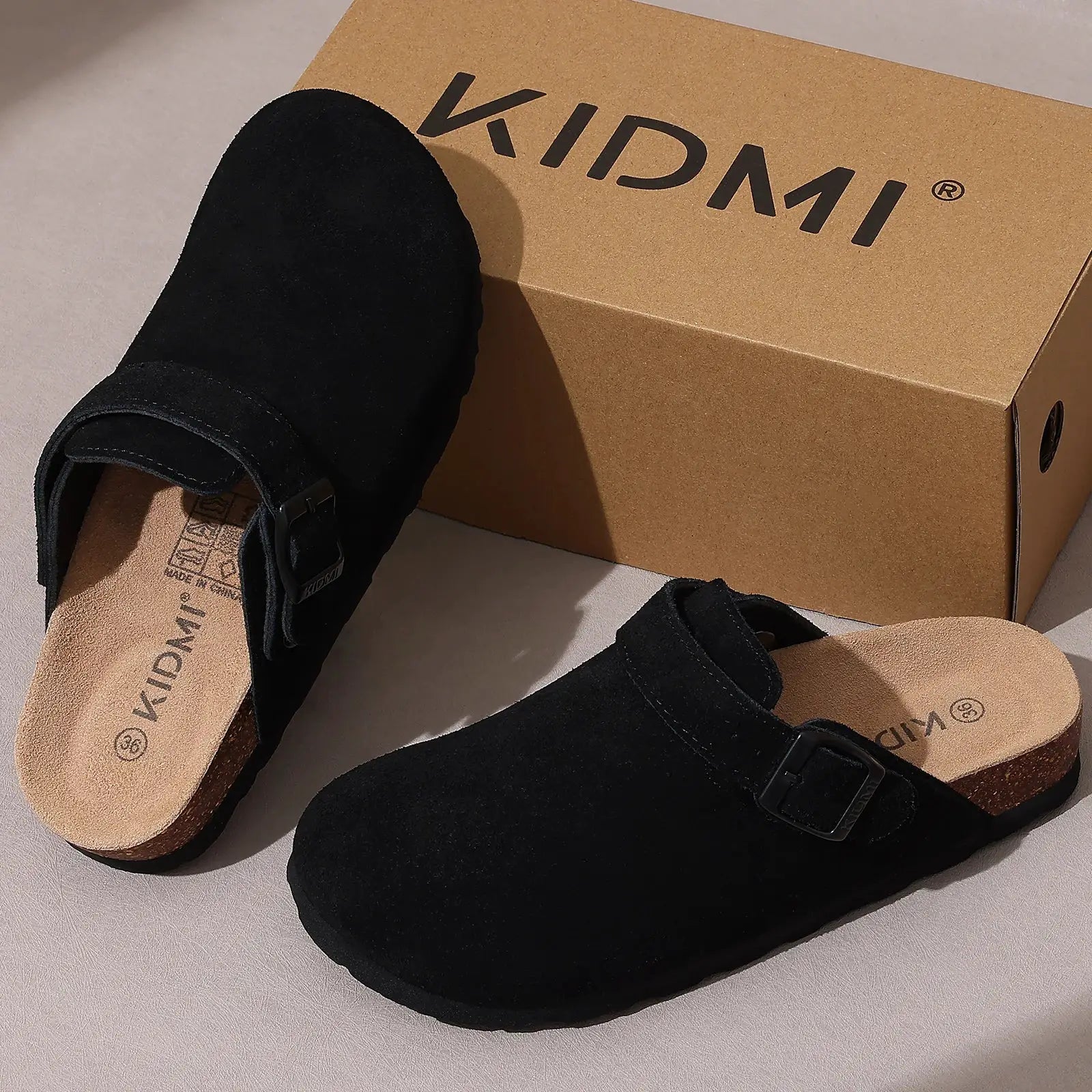 Litfun New Fashion women's clogs with adjustable strap, black cork-footbed leather mules Simples Market