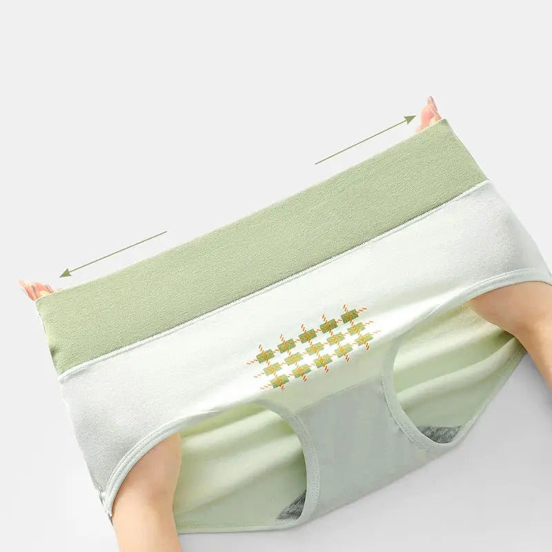 Cotton high-waist women’s panties with mint-green waistband and printed pattern; breathable underwear