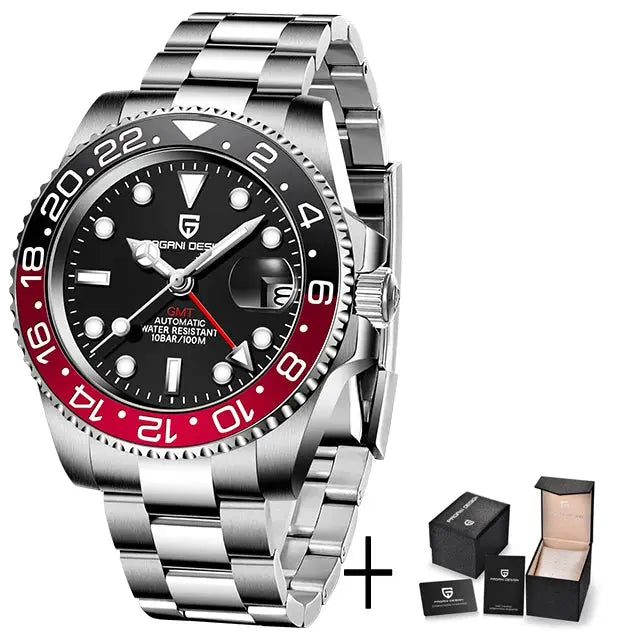 PAGANI DESIGN V3 GMT watch and box set, 40mm stainless steel bracelet, black dial, red/black bezel, automatic.