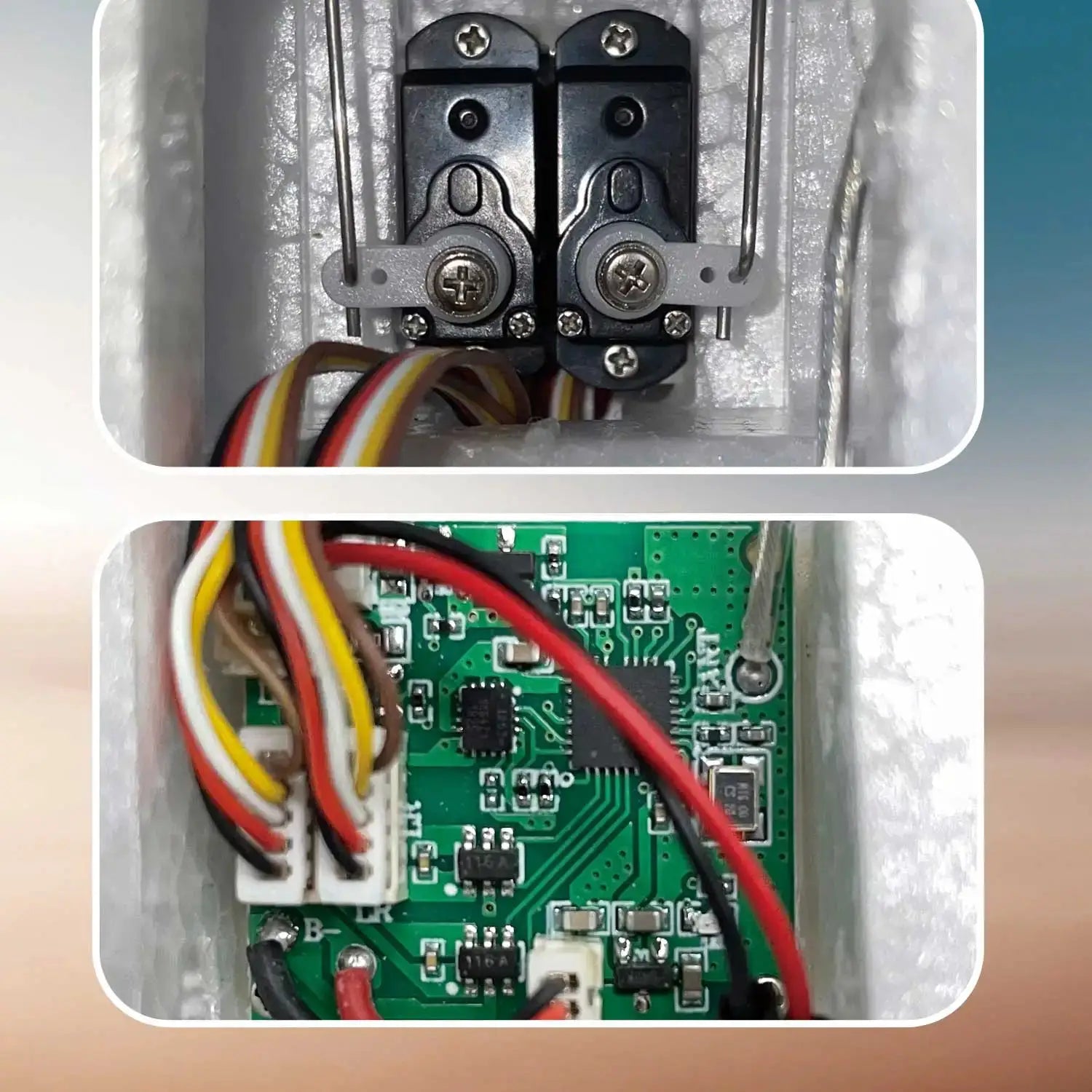 WLtoys RC airplane inner electronics: dual servo assemblies and control PCB