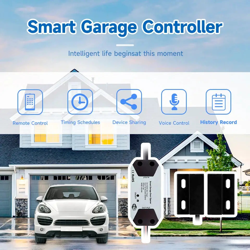 Smart Garage Door Controller white module with two black sensor panels