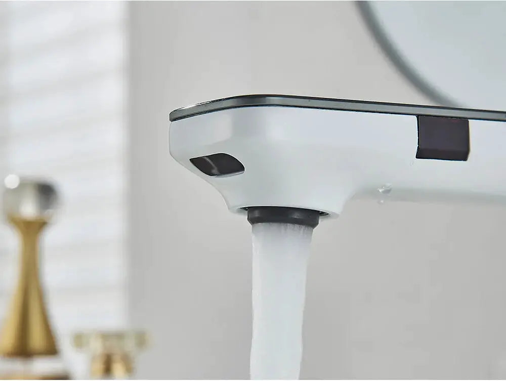 Smart sensor basin faucet, white with digital display and touchless hot/cold water mixer for bathroom.