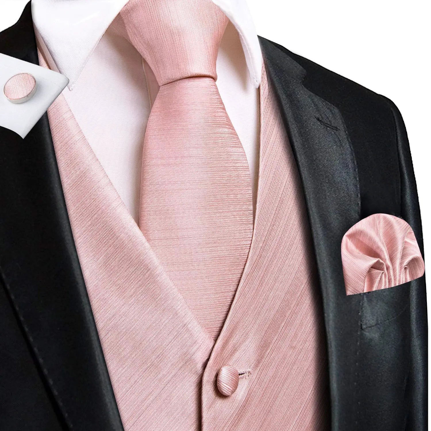 Men's pink satin waistcoat and tie set with pocket square under a black suit jacket