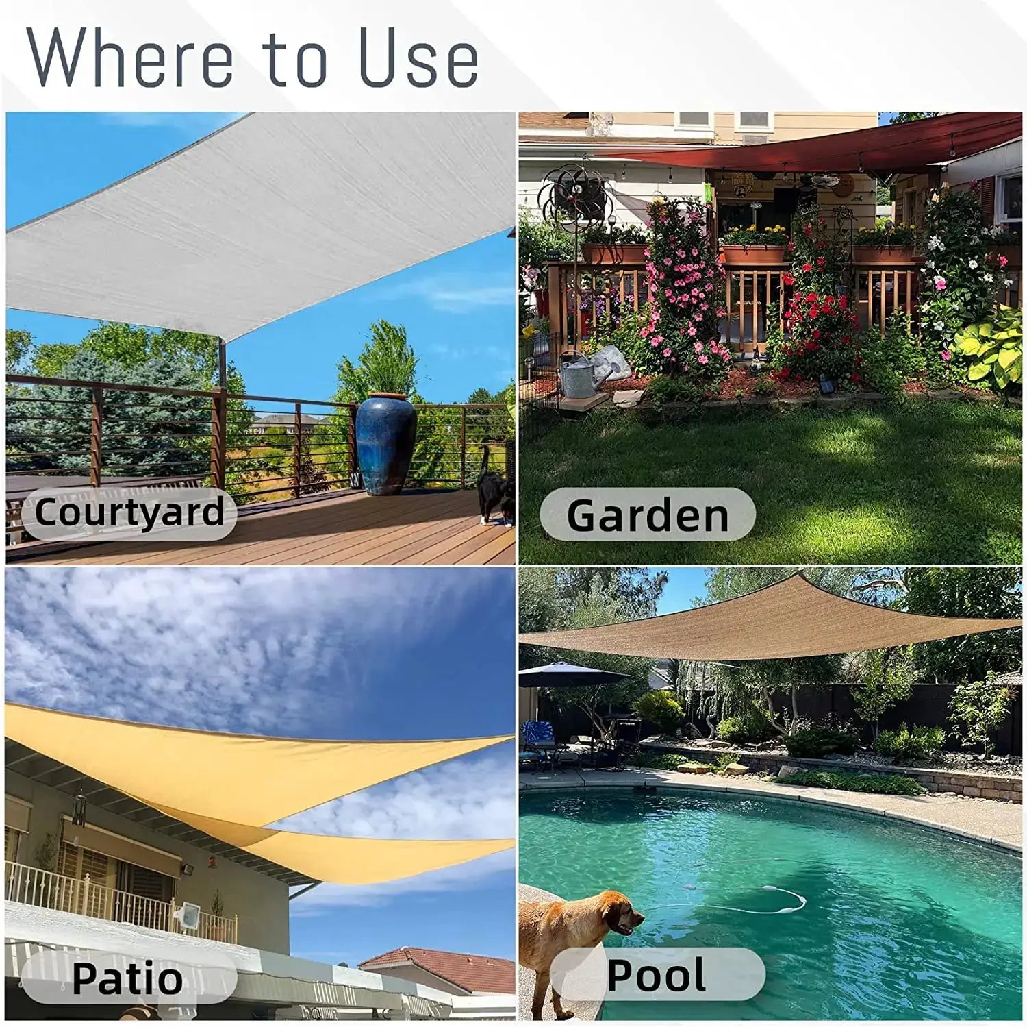 Simples Market waterproof rectangle sun shade sail canopy for outdoor patios and gardens; various colors shown.