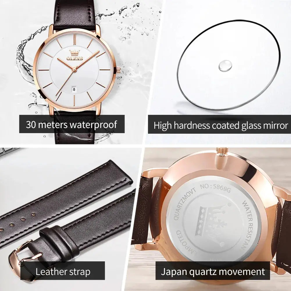 OLEVS 5869 men's wristwatch with rose gold case, white dial, leather strap; 30m waterproof, Japan quartz movement