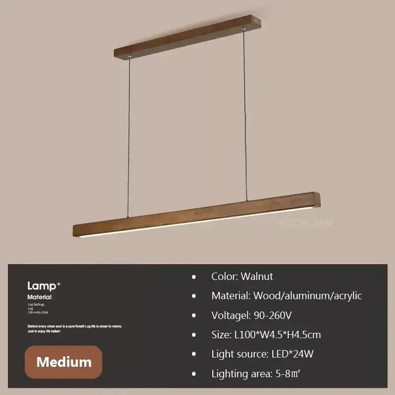 DAMIASMIL LED pendant light in walnut wood with a long rectangular strip and dual suspension cables.