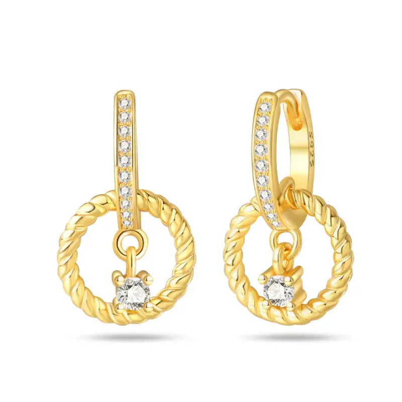 Gold-tone hoop earrings with rope twist, diamond-studded vertical bar and crystal drop charm