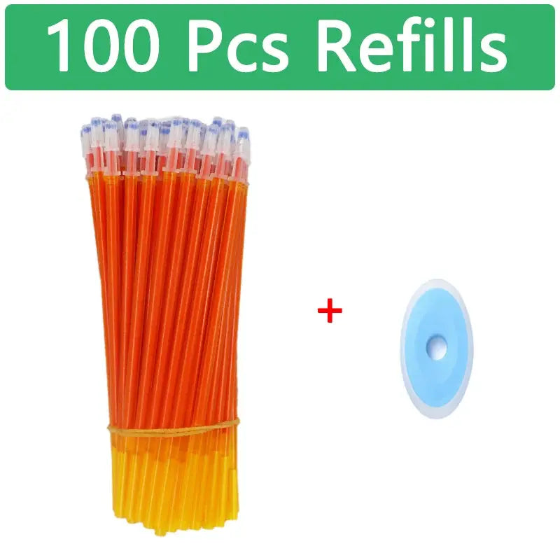Simples Market 100 Pcs erasable gel pen refills in orange with yellow ends and a blue circular accessory