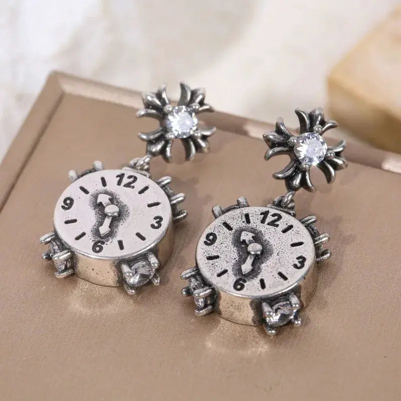 Pair of vintage silver clock earrings with crystal-studded flower tops and dangling clock faces