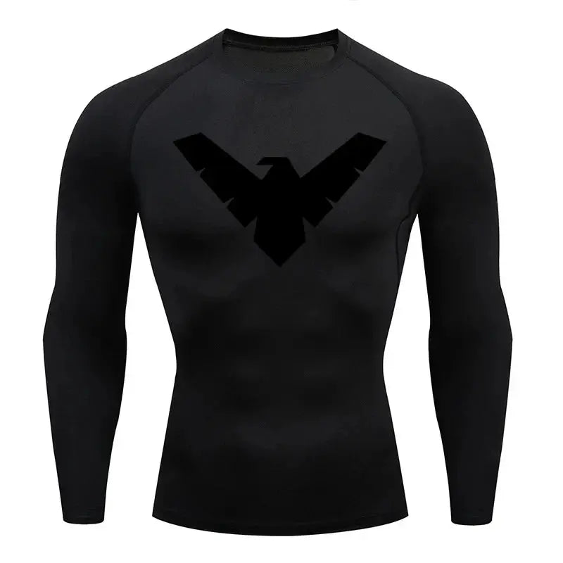Men's black crew-neck long-sleeve compression shirt with chest logo