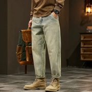 Men's loose denim jeans, light-wash 95% cotton, baggy harem fit with rolled cuffs