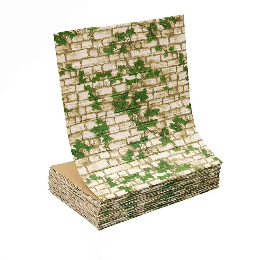 3D self-adhesive brick wallpaper with beige bricks and green ivy, waterproof, 70cm wide roll