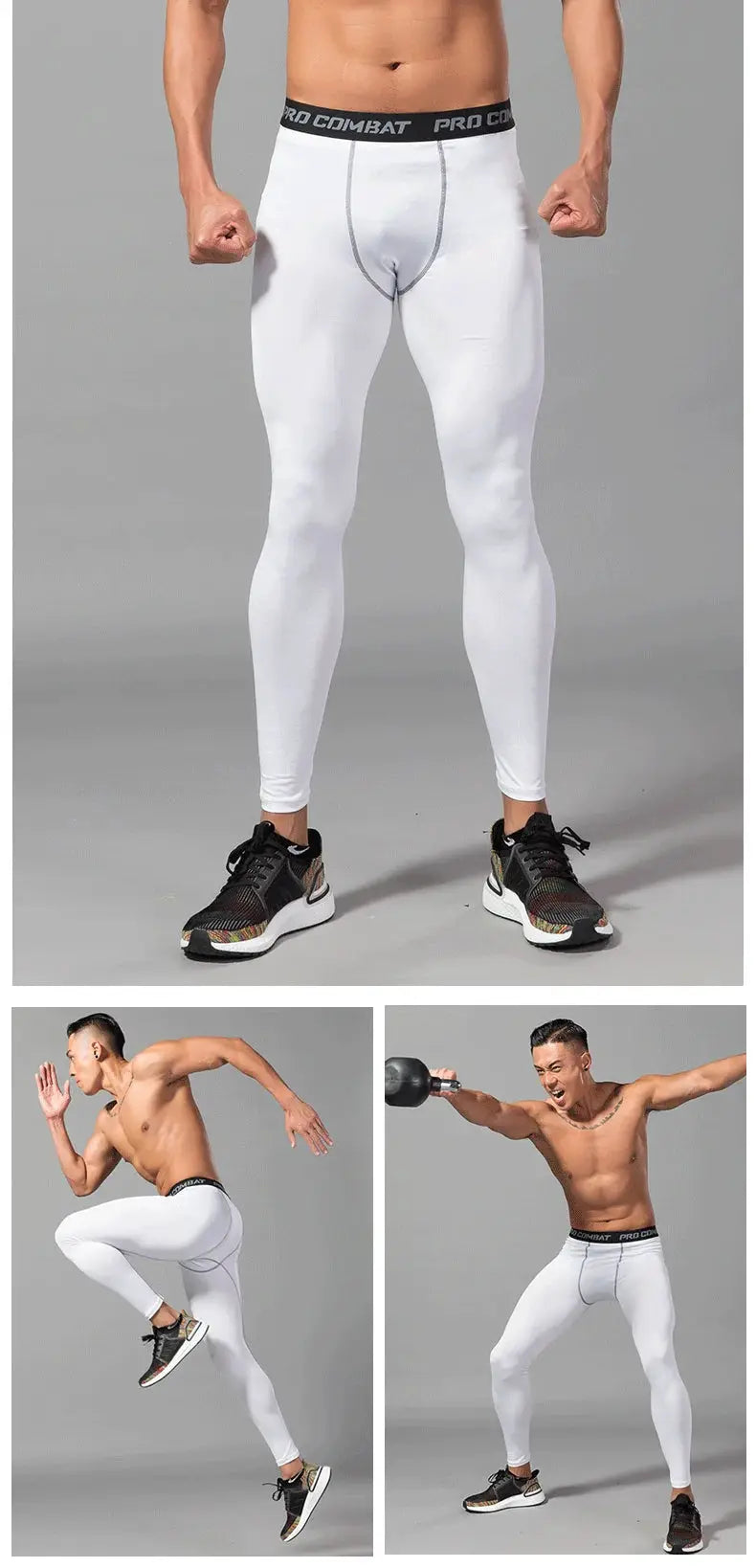 SONECHOKI men's white compression leggings with Pro Combat waistband, polyester gym tights for training and running