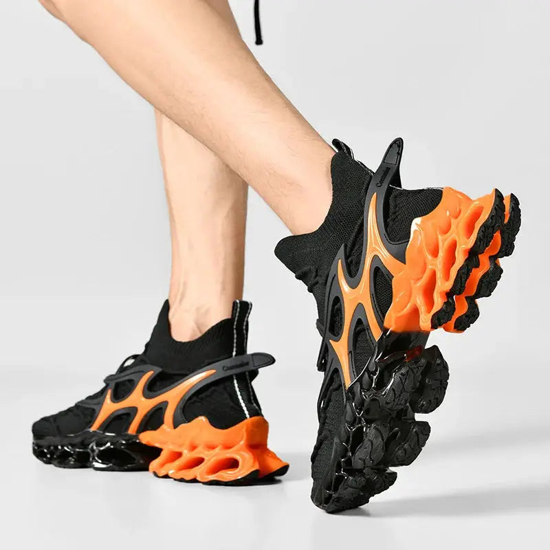 Pair of Simples Market men's sneakers, black with orange sole, breathable running shoes