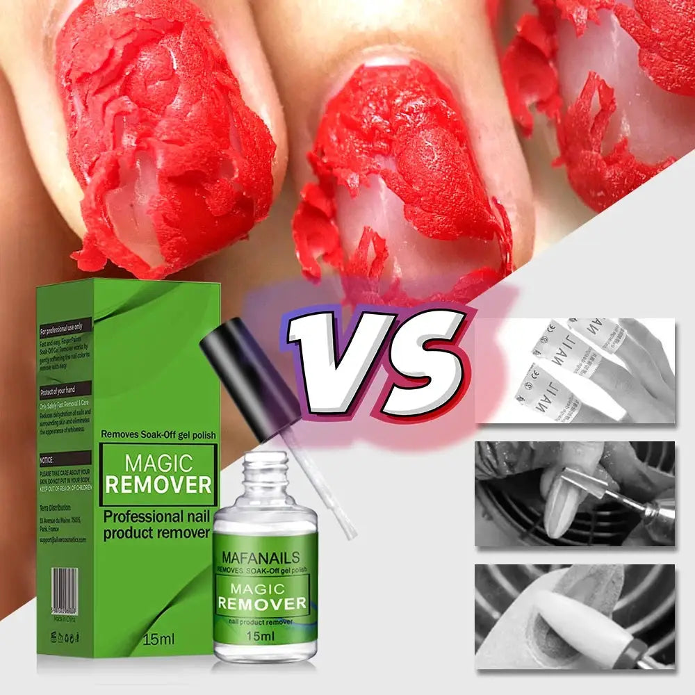 MAFANAILS Magic Remover 15ml gel polish remover; green box and bottle shown with red gel nails