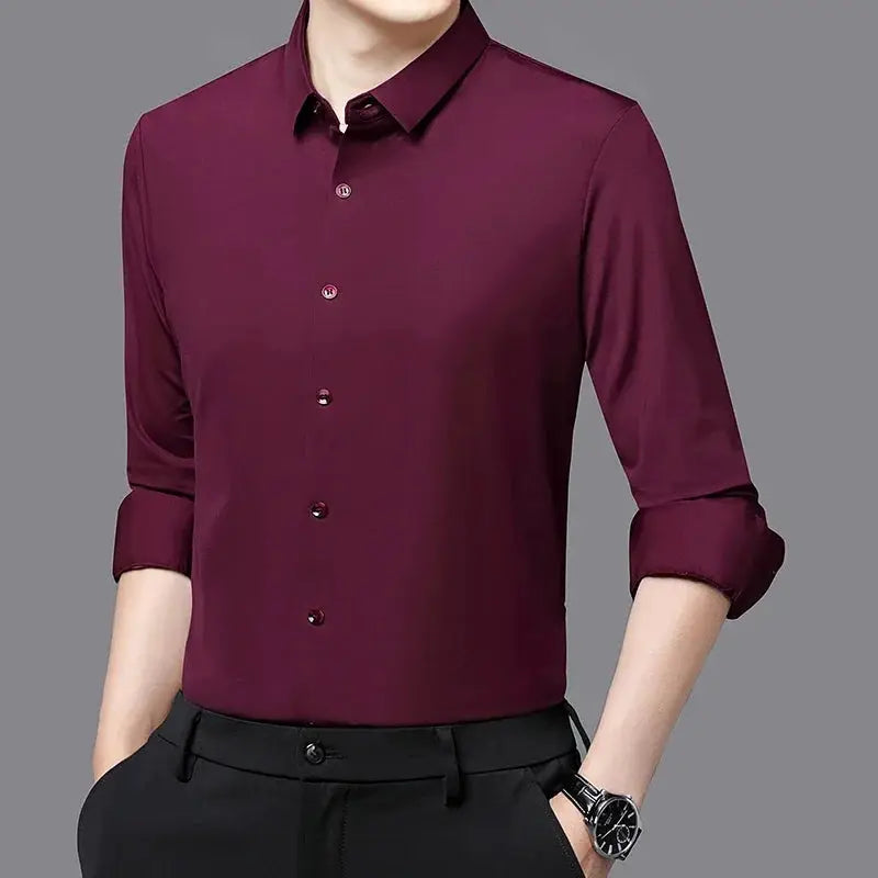 Simples Market premium men's silky burgundy ultra-stretch long-sleeve dress shirt
