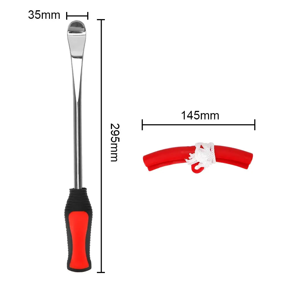 Simples Market rim-protector tire lever tool with red/black handle; 295mm lever and 145mm tube accessory