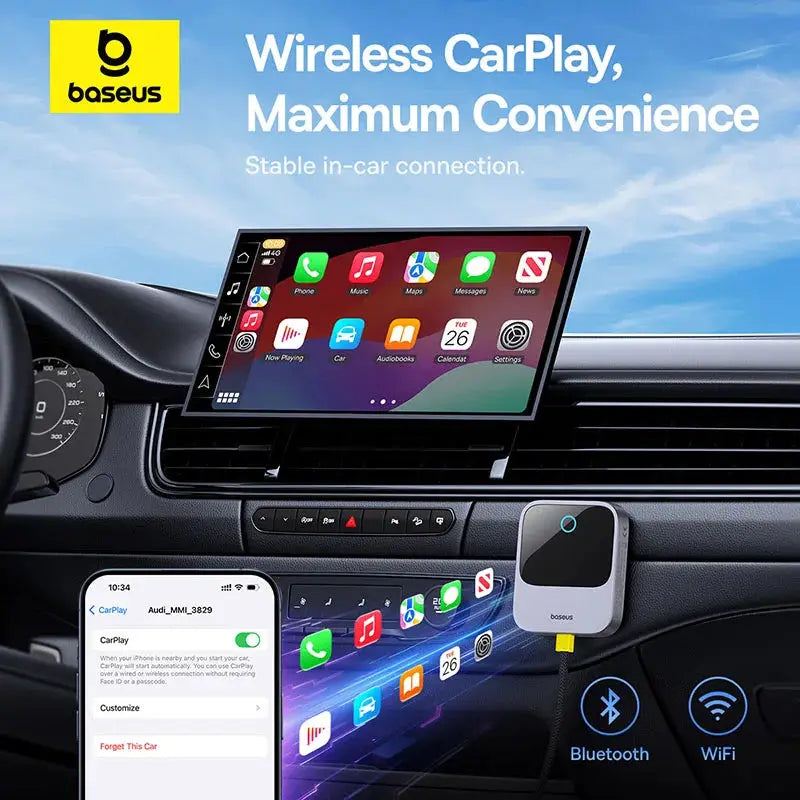 Baseus Wireless CarPlay adapter mounted on a car dashboard with an iPhone nearby.