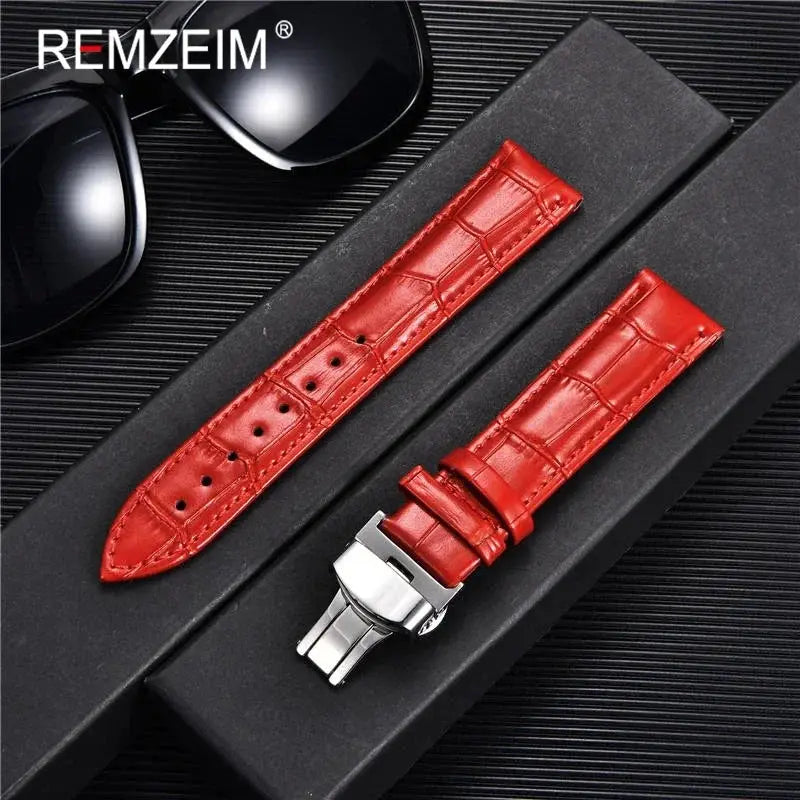 Remzeim Bamboo Pattern Genuine Leather Watch Strap First Layer Cowhide With Steel Butterfly Buckle 18mm 20mm 22mm 24mm