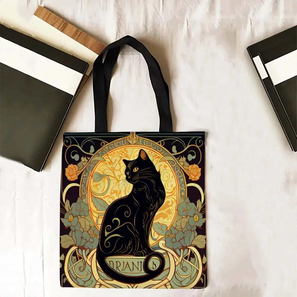 Retro Art Noble Black Cat Linen Tote Bag Lightweight Shoulder Tote For Daily Use