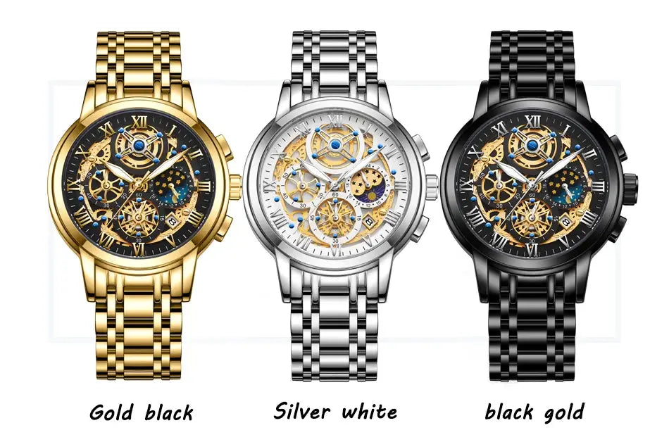 LIGE men’s skeleton chronograph watches set of three with stainless steel bracelets in gold, silver, and black by Simples Market