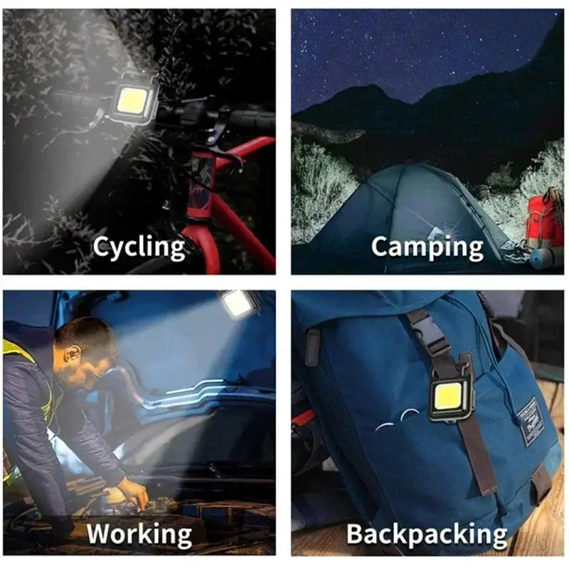 Keychain light mini USB-rechargeable LED COB flashlight with pocket clip; black, for cycling, camping, working and backpacking.