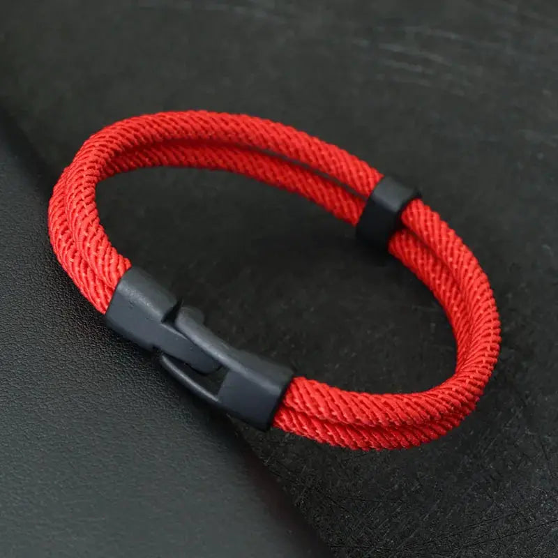 Mens red double-layer braided thread bracelet with a black zinc-alloy clasp