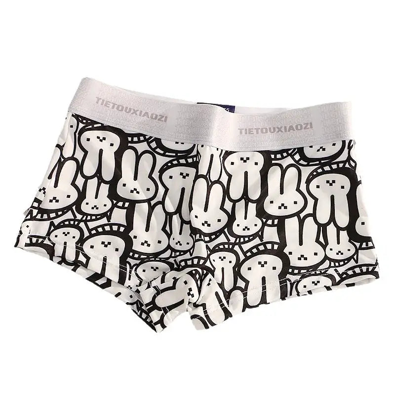 Women's seamless boyshort underwear with black bunny print on white fabric and gray branded waistband TIETOUXIAOZI