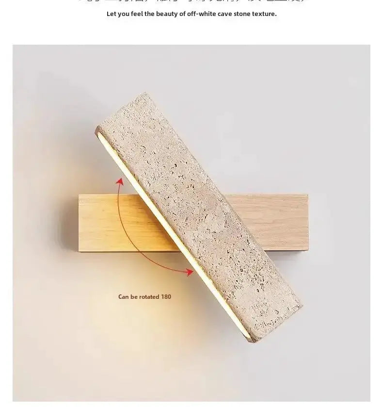 Natural stone wall lamp sconce by Simples Market; wooden mount, off-white textured stone, rotatable 180°.