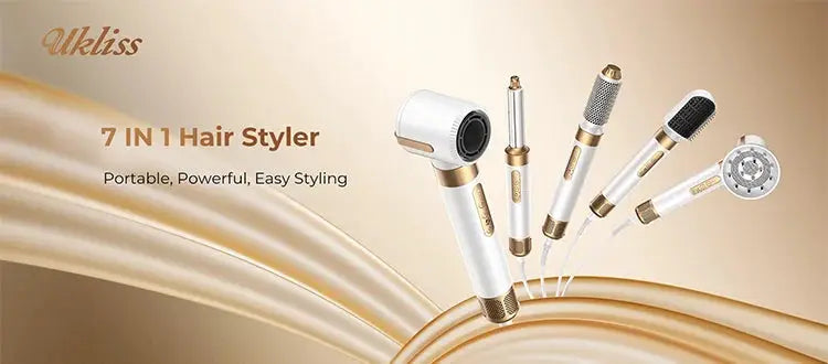 7 in 1 Hair Styler by Ukliss with white and gold attachments and diffuser