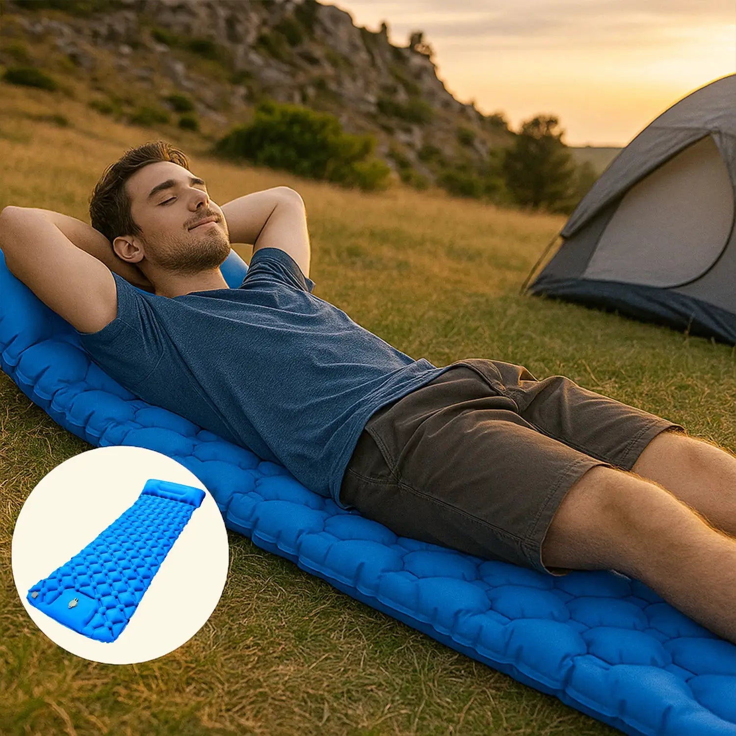 Blue inflatable sleeping pad, ultralight camping mat for hiking and tent camping.