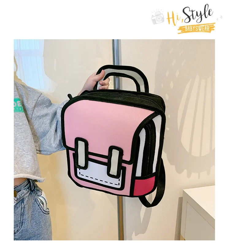 Backpack for kids, pink 3D-style with black trim and front pocket