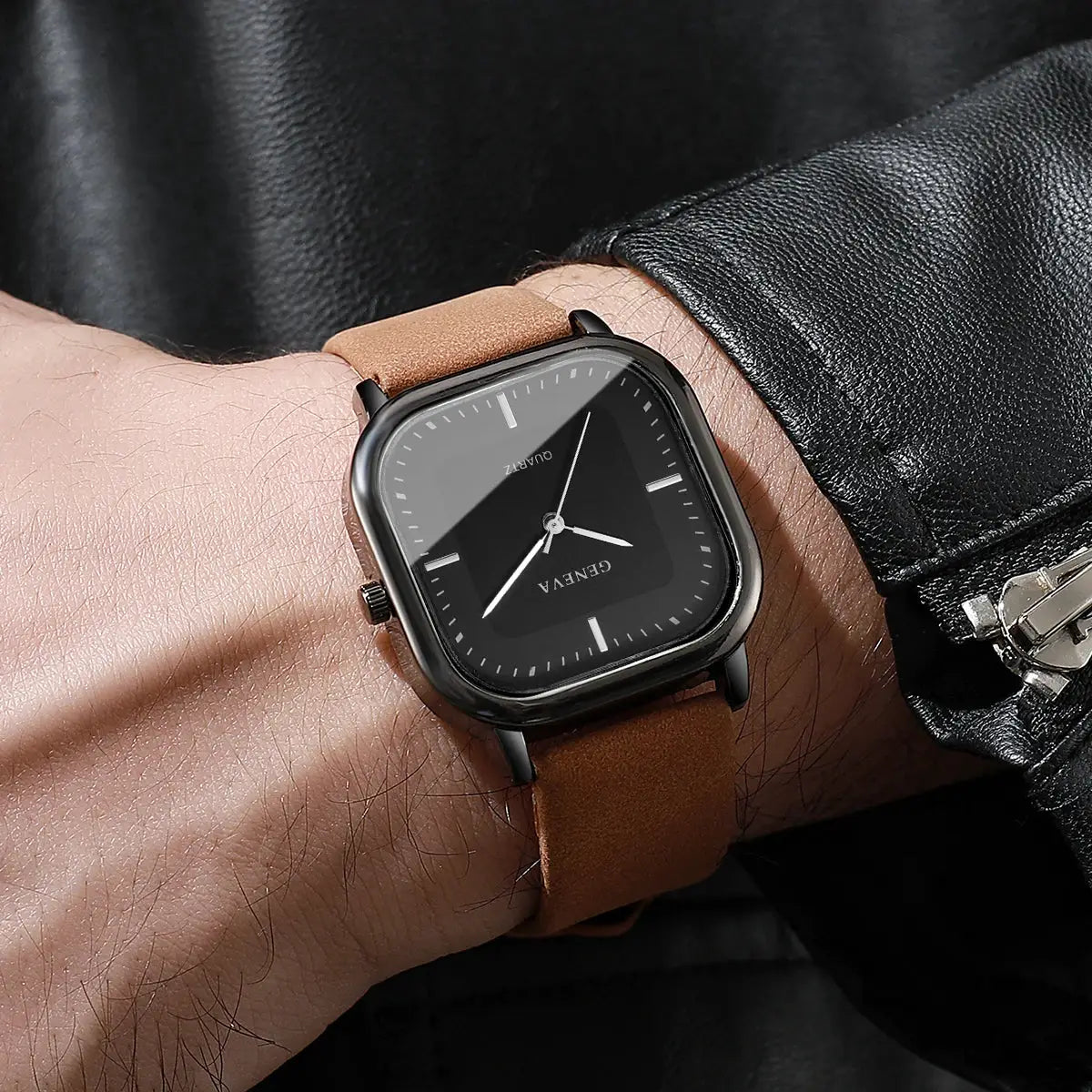Men's square-dial minimalist quartz watch by Simples Market with black dial and brown leather strap
