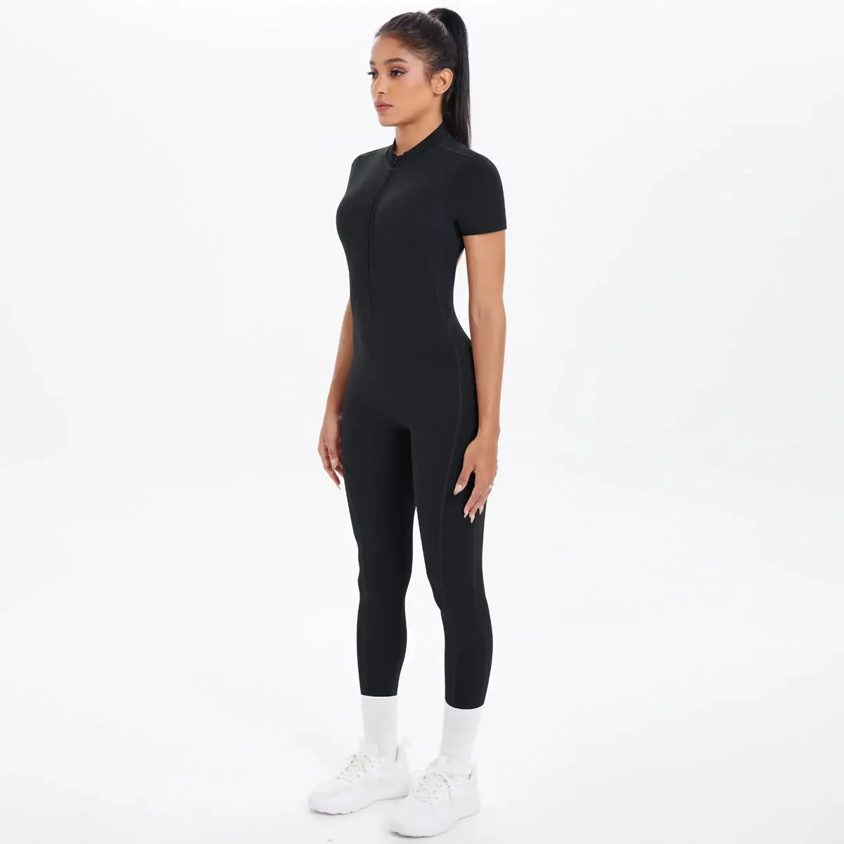 Black short-sleeve fitness jumpsuit; front half-zip, one-piece bodysuit for gym and yoga