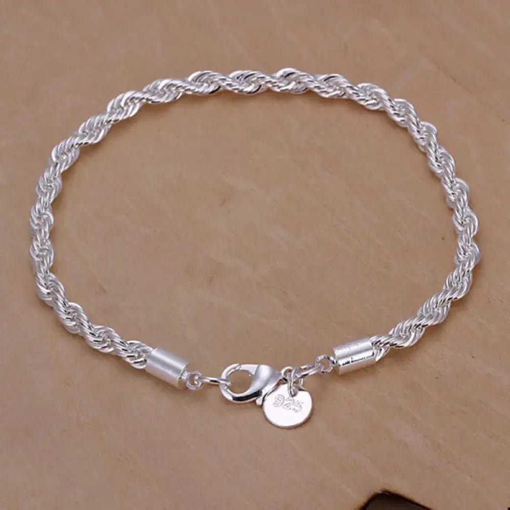 Silver Plated Twisted Rope Bracelet For Women And Men Unisex Fashion Jewelry 8 Inch Lobster Clasp - Simples Market