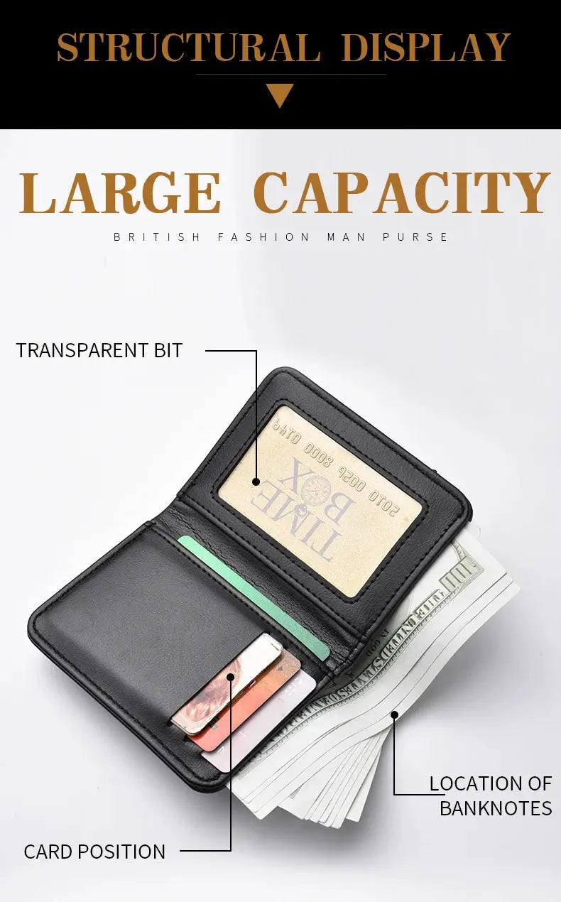 Men's black leather vertical multi-card wallet with transparent ID window and cash compartment